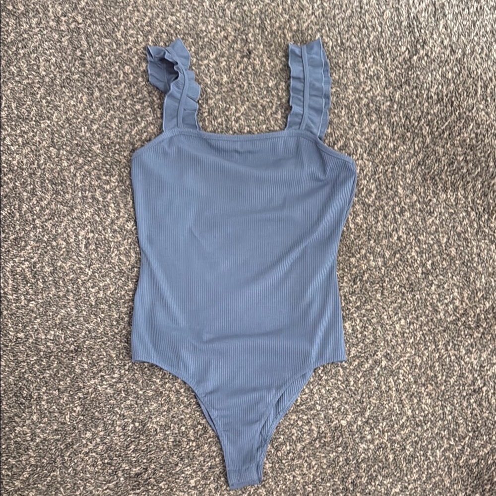 Ribbed Blue Ruffle Strap Bodysuit
